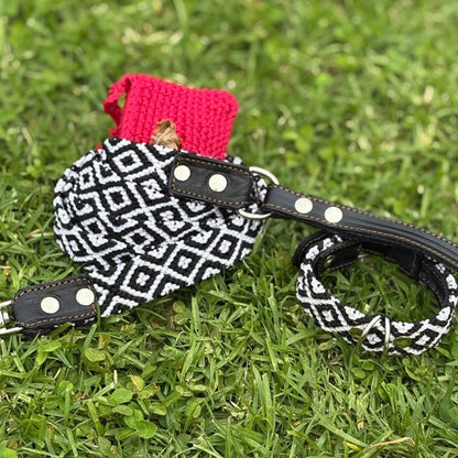 Black and White Dog Collar Leash and Poop Bag Set