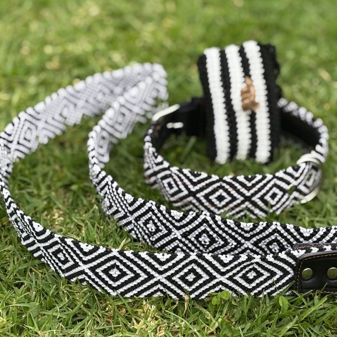Black and White Handmade Dog Collar and Leash Set