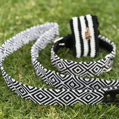 Black and White Handmade Dog Collar and Leash Set