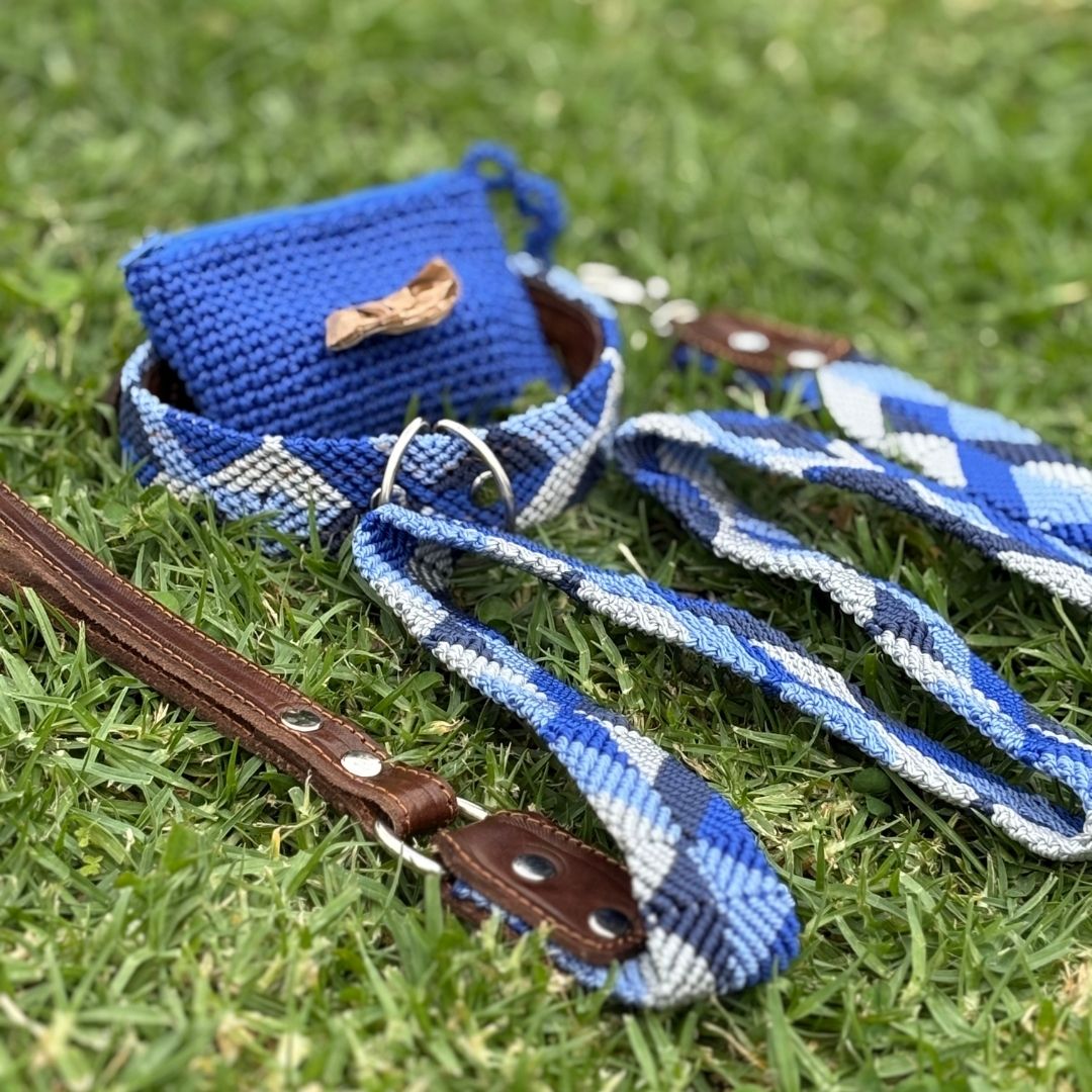 Blue Handcrafted Dog Collar Leash and Poop Bag Holder Set