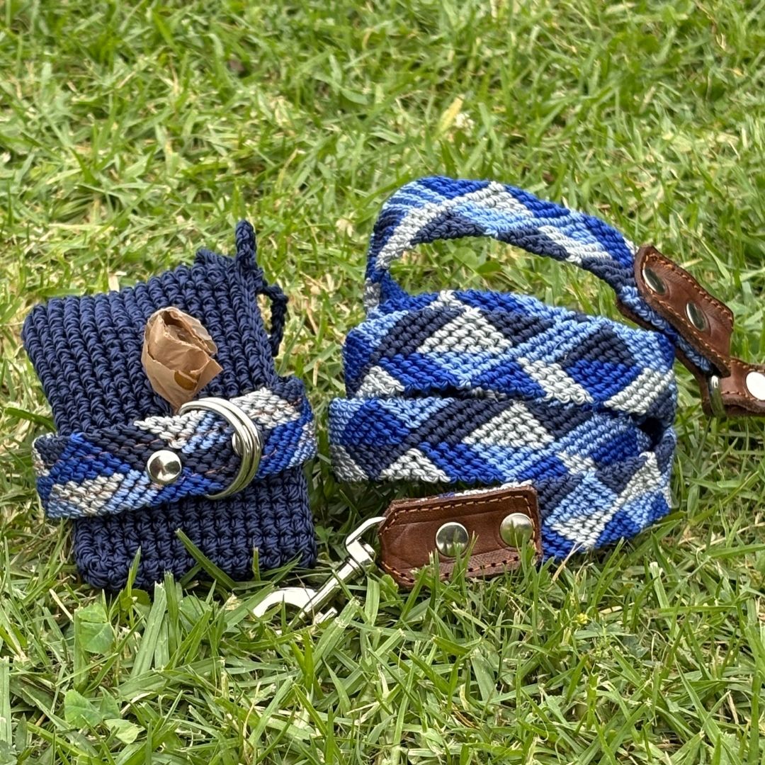 Blue Handmade Dog Collar Leash and Poop Bag Holder Set