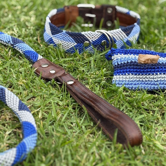Blue Handwoven Dog Collar Leash and Poop Bag Holder Set