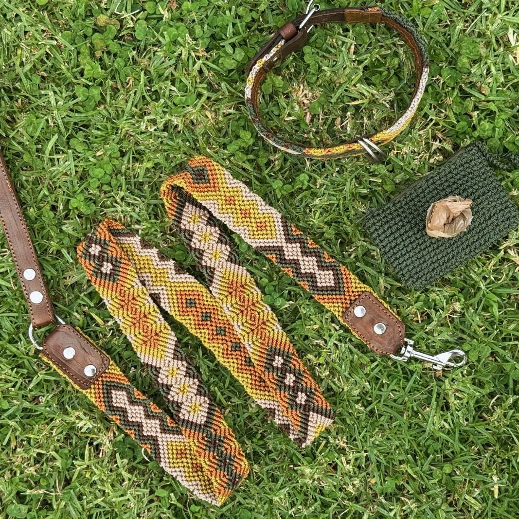Esencia Salvaje Handwoven Dog Collar Leash and Poop Bag Holder Set