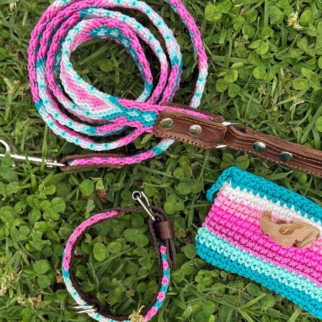 Pink Handcrafted Dog Collar Leash and Poop Bag Holder Set