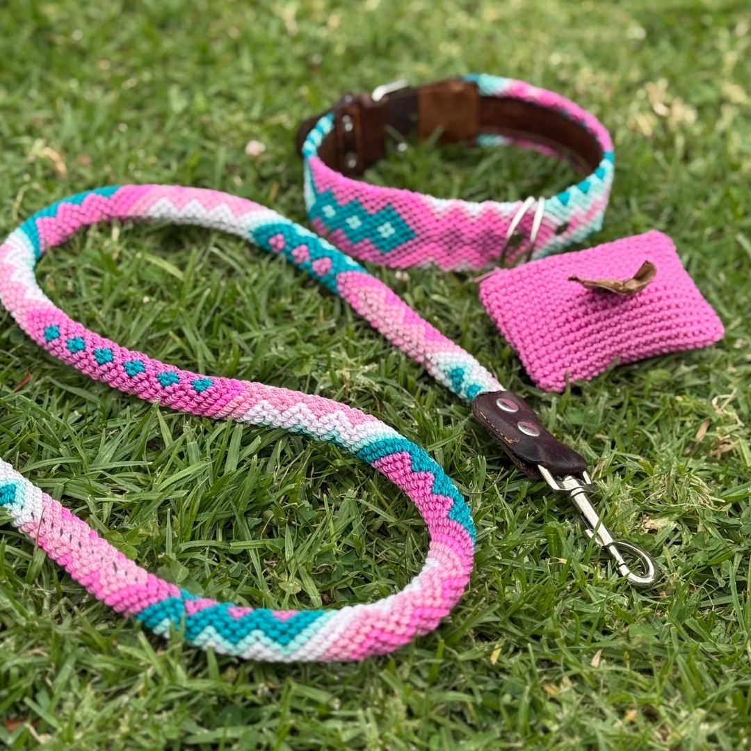 Pink Handmade Dog Collar and Leash Set