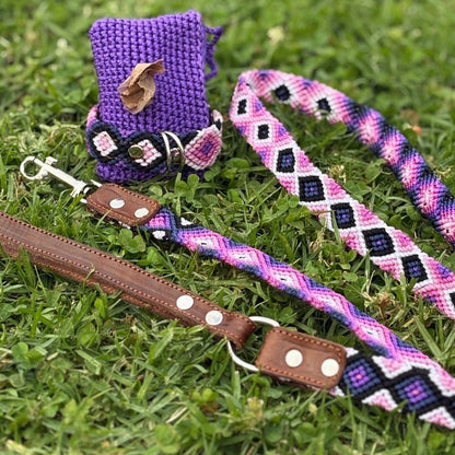 Pink and Purple Handmade Dog Collar Leash and Poop Bag Holder Set
