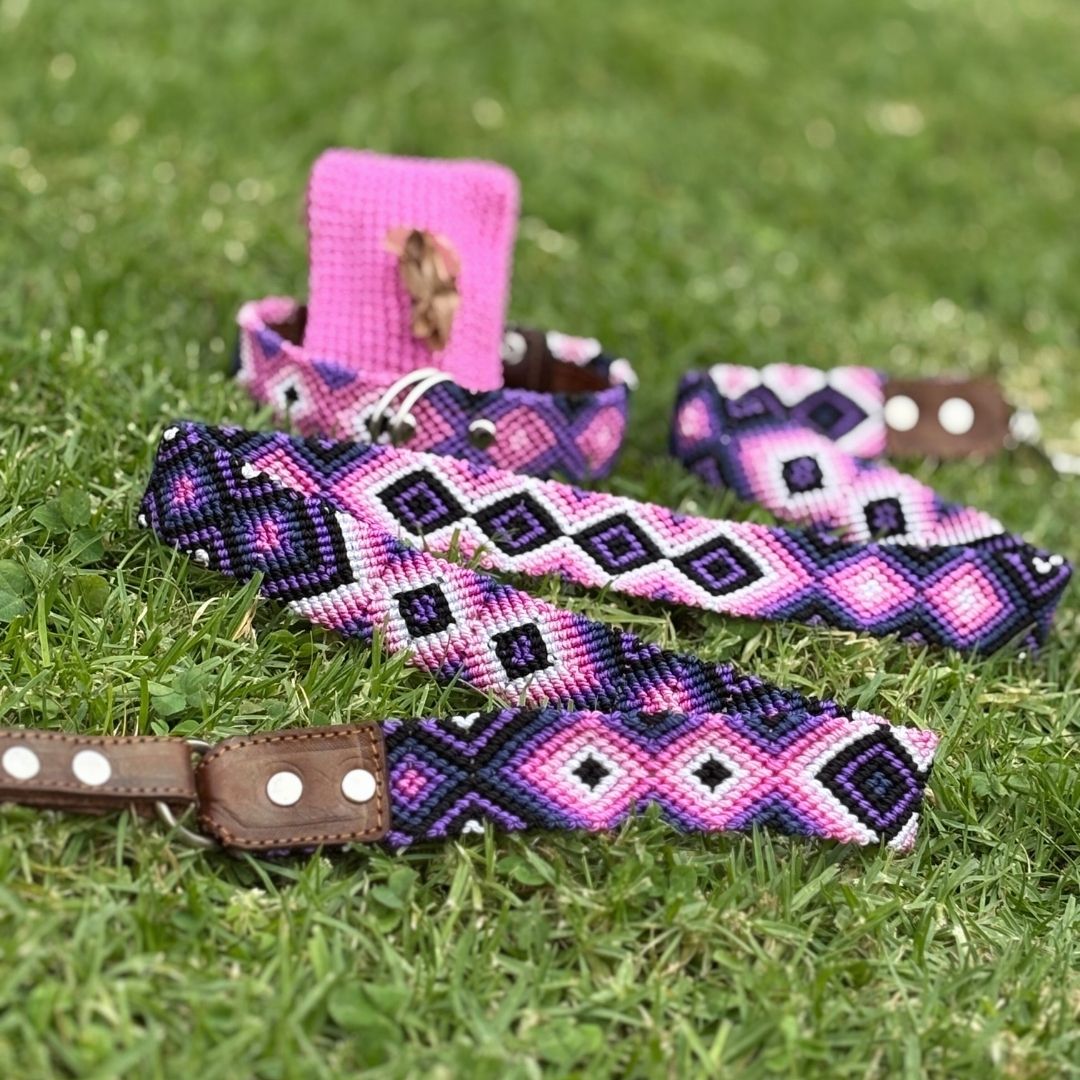 Pink and Purple Handmade Dog Collar and Leash Set