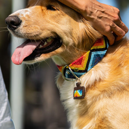 Golden retriever wearing handcrafted dog collar and custom dog ID tag in Armonia Astral, colorful woven diamond pattern close-up